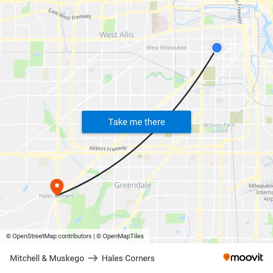 Mitchell & Muskego to Hales Corners map