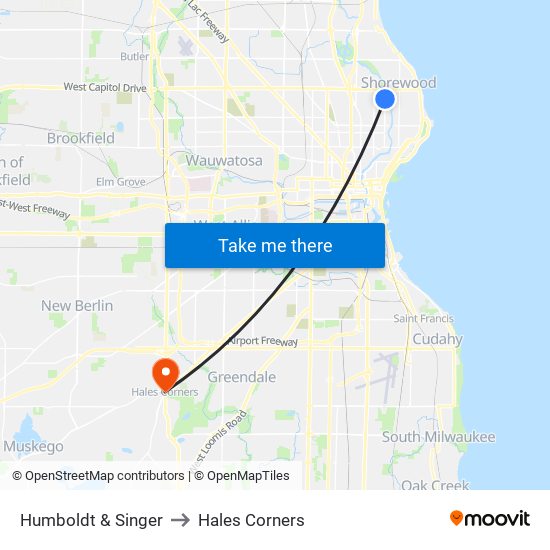 Humboldt & Singer to Hales Corners map