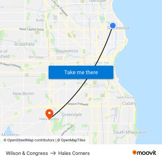 Wilson & Congress to Hales Corners map