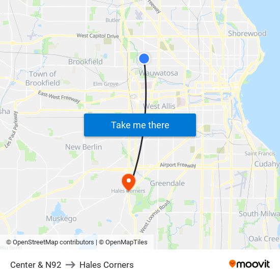 Center & N92 to Hales Corners map