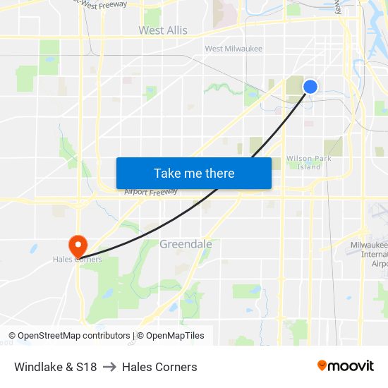 Windlake & S18 to Hales Corners map