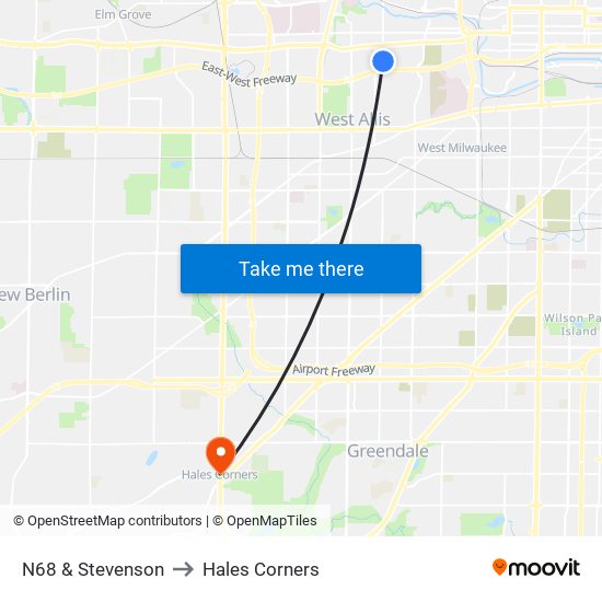 N68 & Stevenson to Hales Corners map