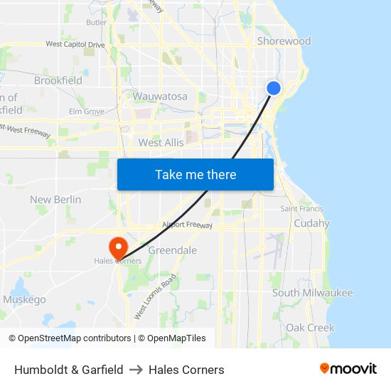 Humboldt & Garfield to Hales Corners map