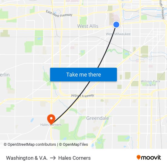 Washington & V.A. to Hales Corners map