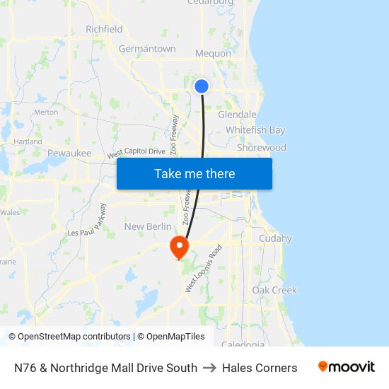 N76 & Northridge Mall Drive South to Hales Corners map