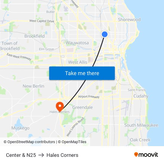 Center & N25 to Hales Corners map