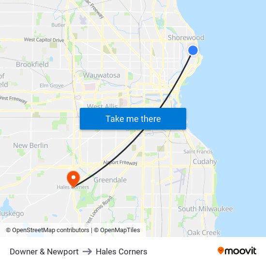 Downer & Newport to Hales Corners map