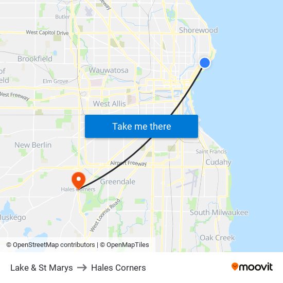 Lake & St Marys to Hales Corners map