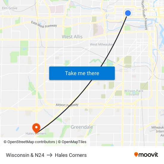 Wisconsin & N24 to Hales Corners map