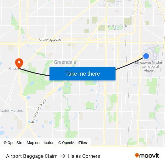 Airport Baggage Claim to Hales Corners map