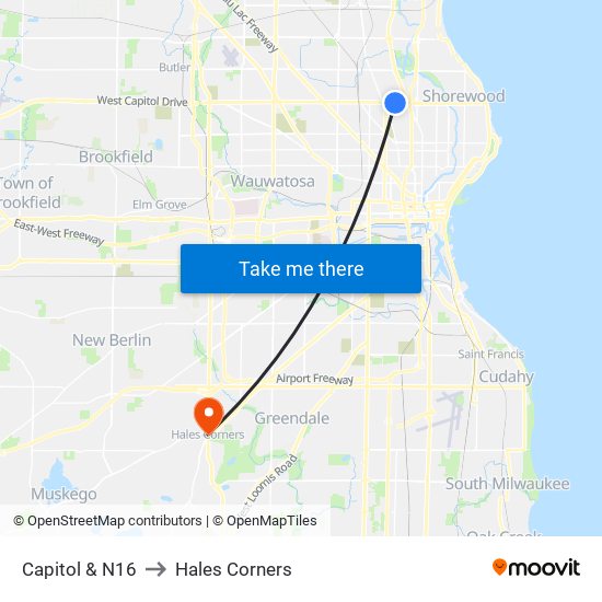 Capitol & N16 to Hales Corners map