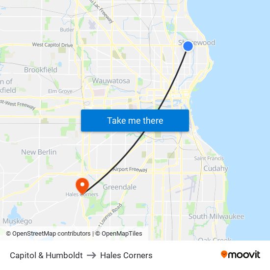 Capitol & Humboldt to Hales Corners map