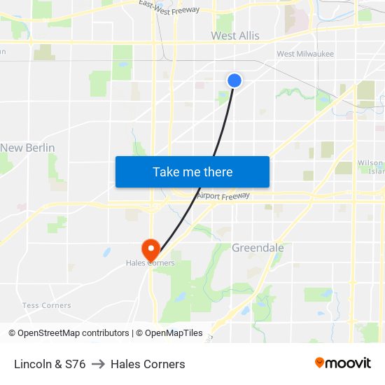 Lincoln & S76 to Hales Corners map