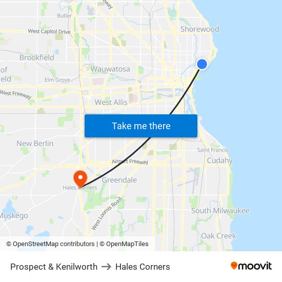 Prospect & Kenilworth to Hales Corners map