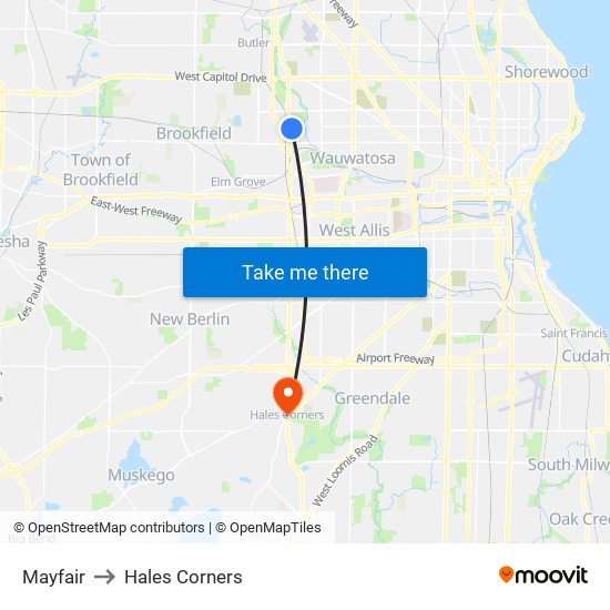 Mayfair to Hales Corners map