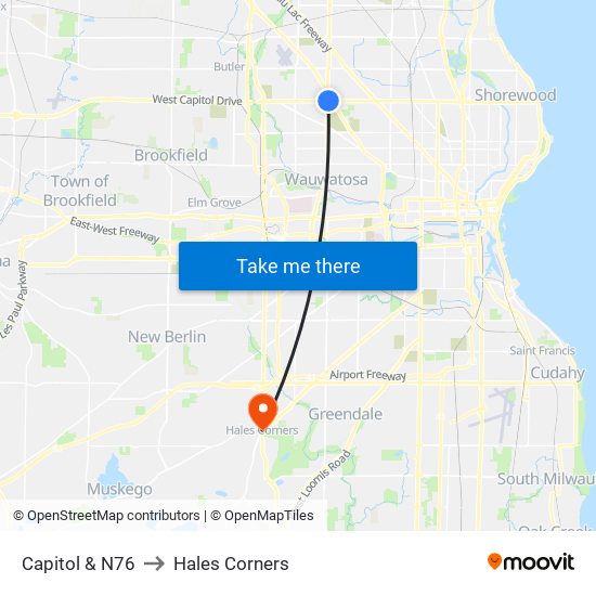 Capitol & N76 to Hales Corners map