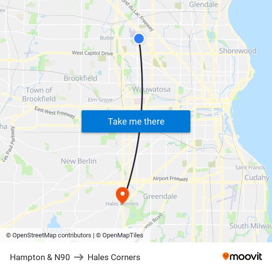 Hampton & N90 to Hales Corners map