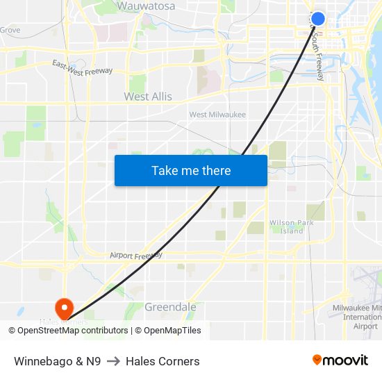 Winnebago & N9 to Hales Corners map