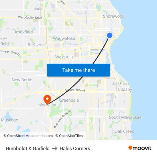 Humboldt & Garfield to Hales Corners map