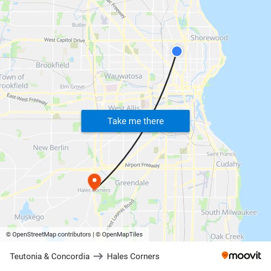 Teutonia & Concordia to Hales Corners map