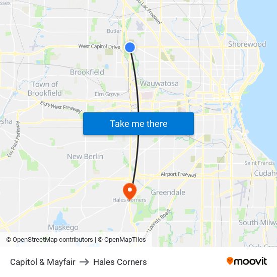 Capitol & Mayfair to Hales Corners map