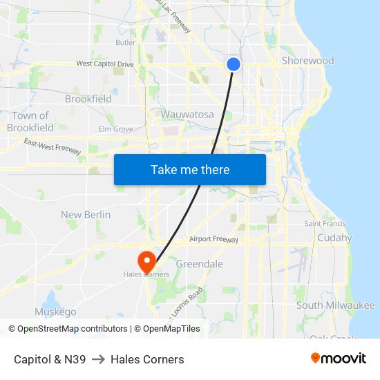 Capitol & N39 to Hales Corners map