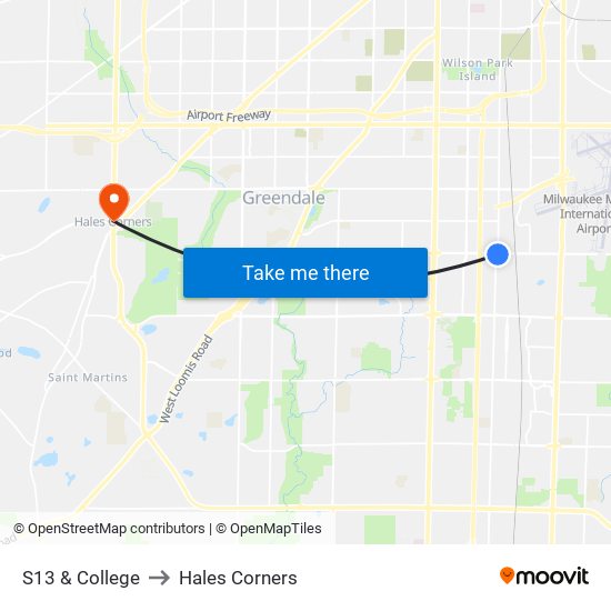 S13 & College to Hales Corners map