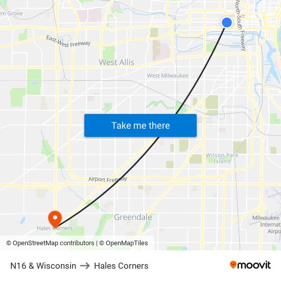 N16 & Wisconsin to Hales Corners map