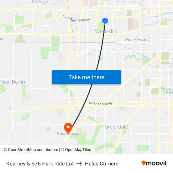 Kearney & S76 Park Ride Lot to Hales Corners map
