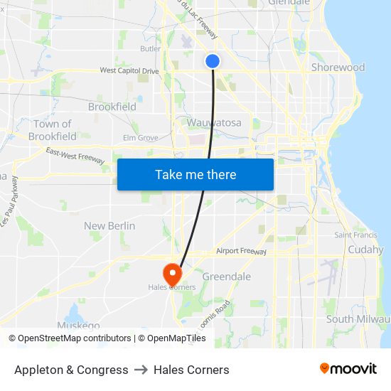 Appleton & Congress to Hales Corners map