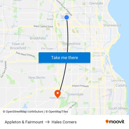 Appleton & Fairmount to Hales Corners map