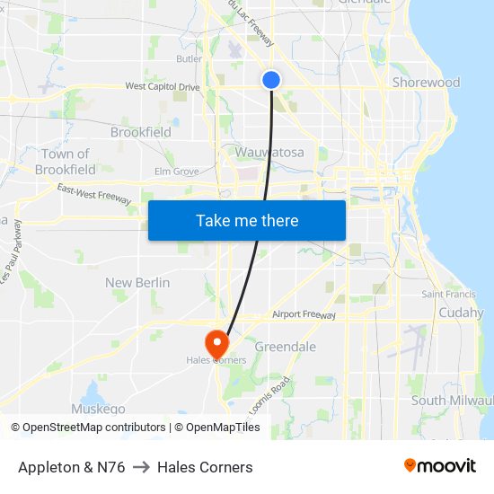 Appleton & N76 to Hales Corners map