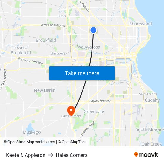 Keefe & Appleton to Hales Corners map