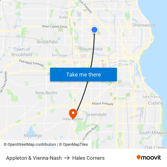 Appleton & Vienna-Nash to Hales Corners map