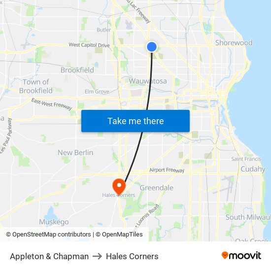 Appleton & Chapman to Hales Corners map