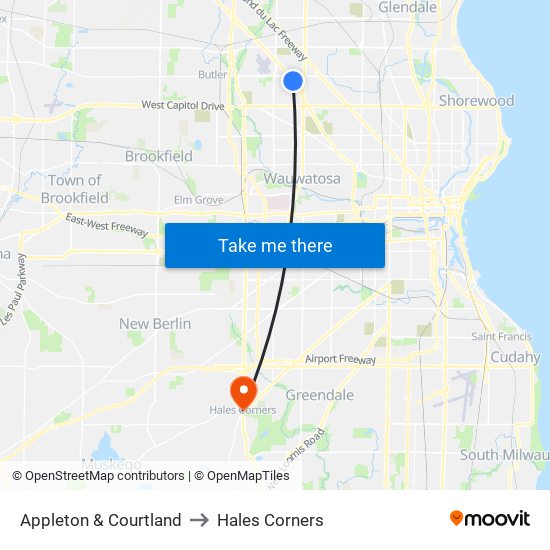 Appleton & Courtland to Hales Corners map