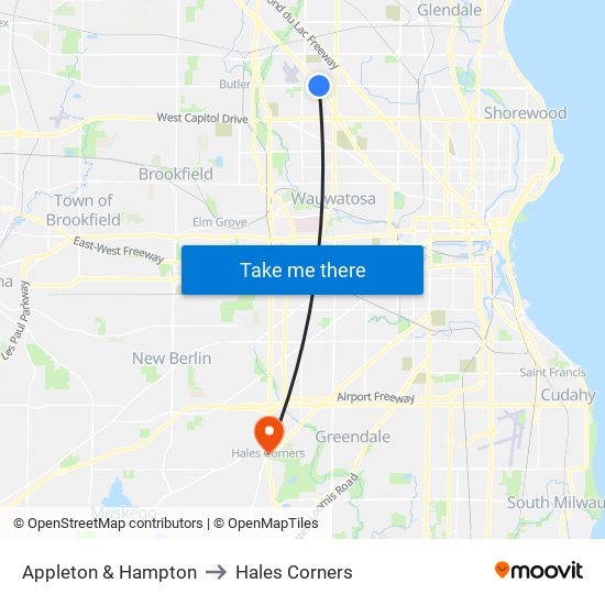 Appleton & Hampton to Hales Corners map