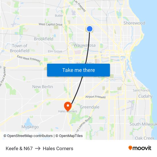 Keefe & N67 to Hales Corners map