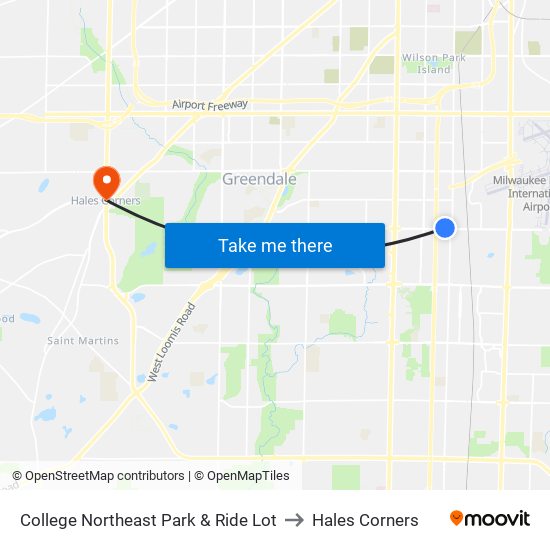 College Northeast Park & Ride Lot to Hales Corners map