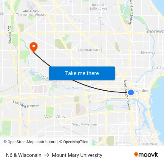 N6 & Wisconsin to Mount Mary University map