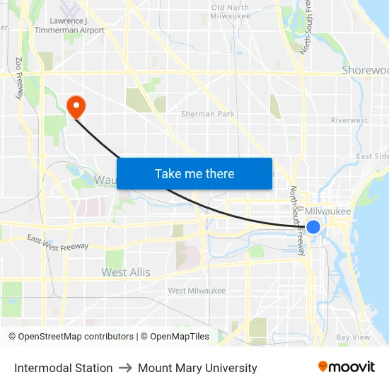 Intermodal Station to Mount Mary University map
