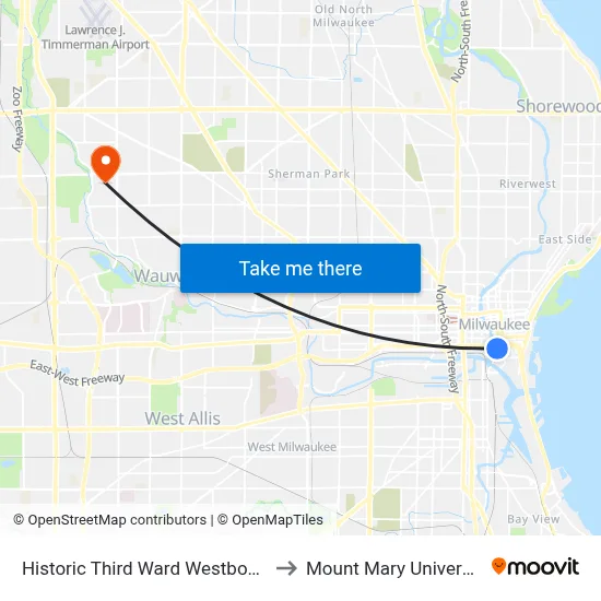 Historic Third Ward Westbound to Mount Mary University map