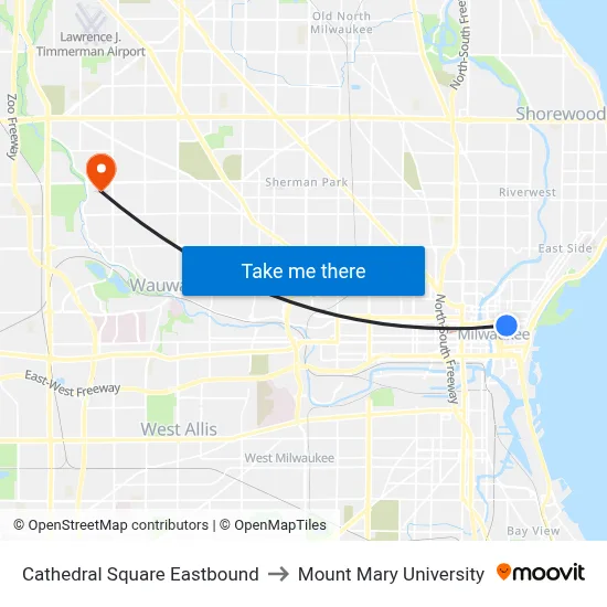 Cathedral Square Eastbound to Mount Mary University map