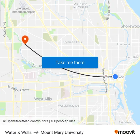 Water & Wells to Mount Mary University map