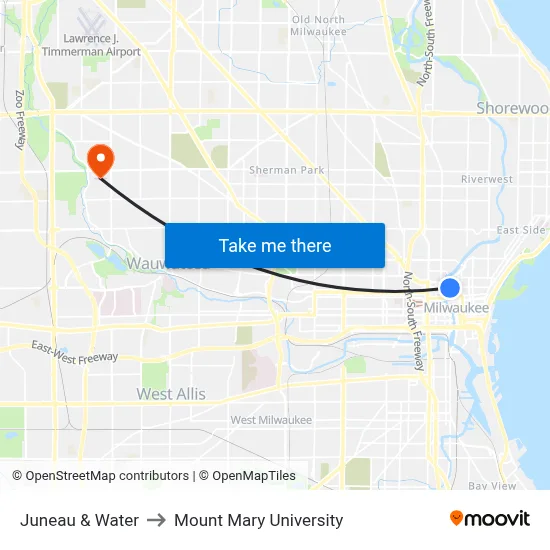 Juneau & Water to Mount Mary University map