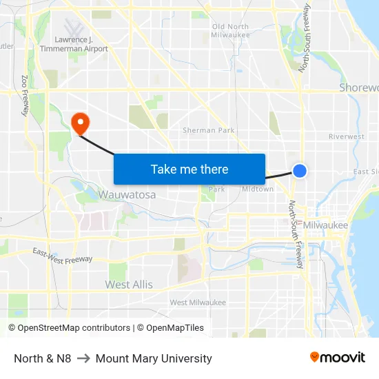 North & N8 to Mount Mary University map
