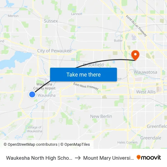 Waukesha North High School to Mount Mary University map