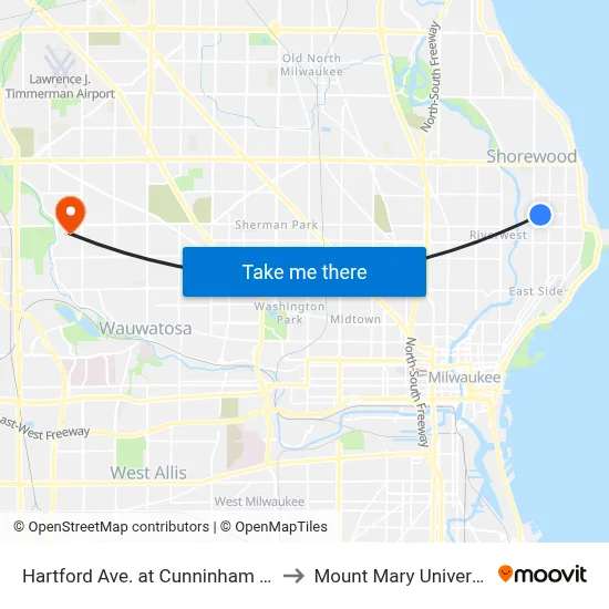 Hartford Ave. at Cunninham Hall to Mount Mary University map