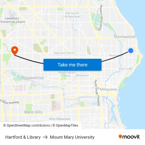 Hartford & Library to Mount Mary University map