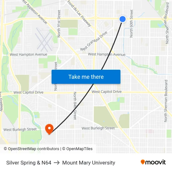 Silver Spring & N64 to Mount Mary University map